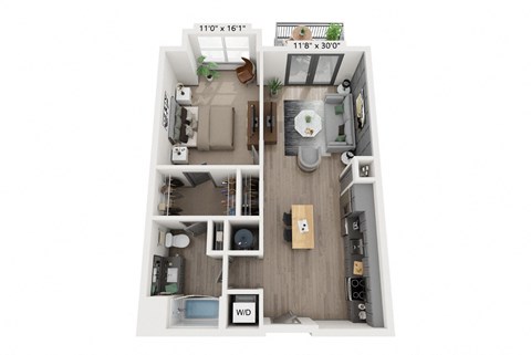 1 bedroom 1 bathroom Floor plan B at WOODBURN EXCHANGE, Cincinnati, OH